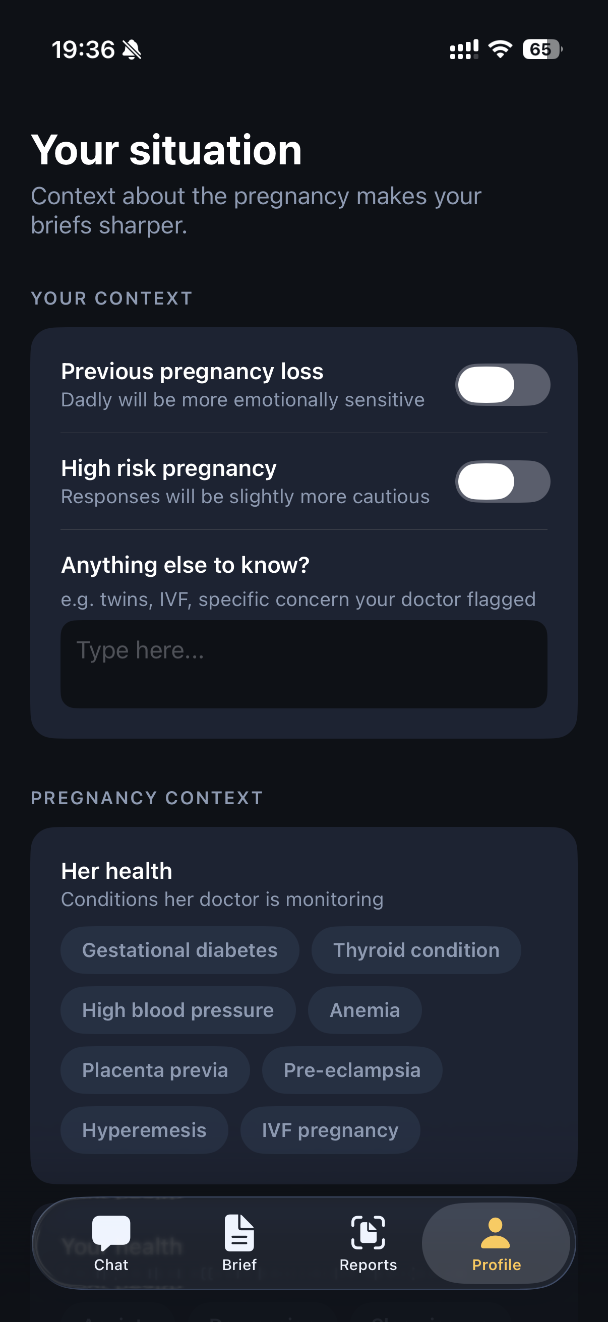 Dadly situation customisation screen